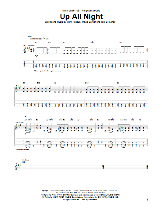 Blink-182 Up All Night sheet music notes and chords arranged for Guitar Tab