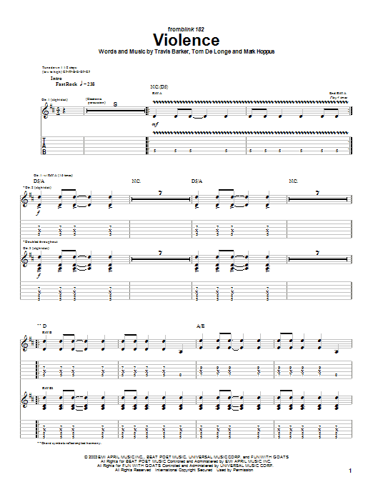 Blink-182 Violence sheet music notes and chords arranged for Guitar Tab