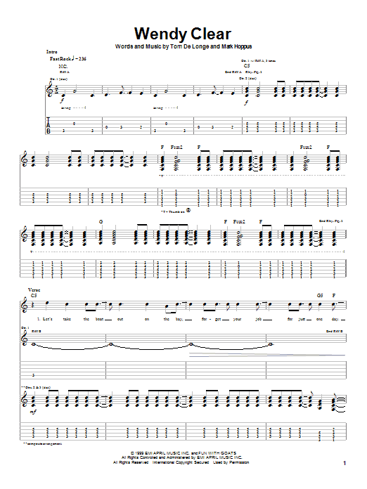 Blink-182 Wendy Clear sheet music notes and chords arranged for Guitar Tab