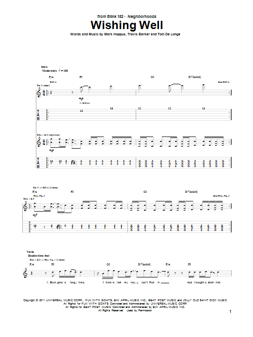 Blink-182 Wishing Well sheet music notes and chords arranged for Guitar Tab