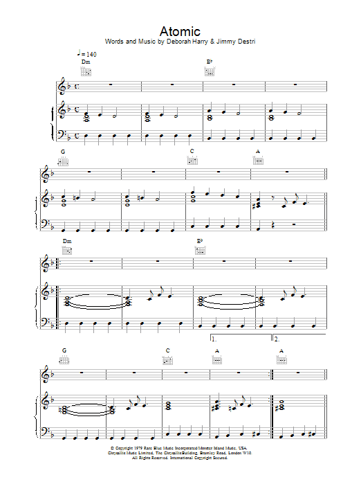 Blondie Atomic sheet music notes and chords arranged for Piano, Vocal & Guitar Chords