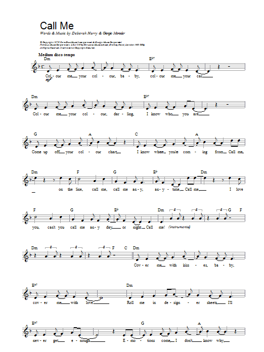 Blondie Call Me sheet music notes and chords arranged for Trumpet Solo