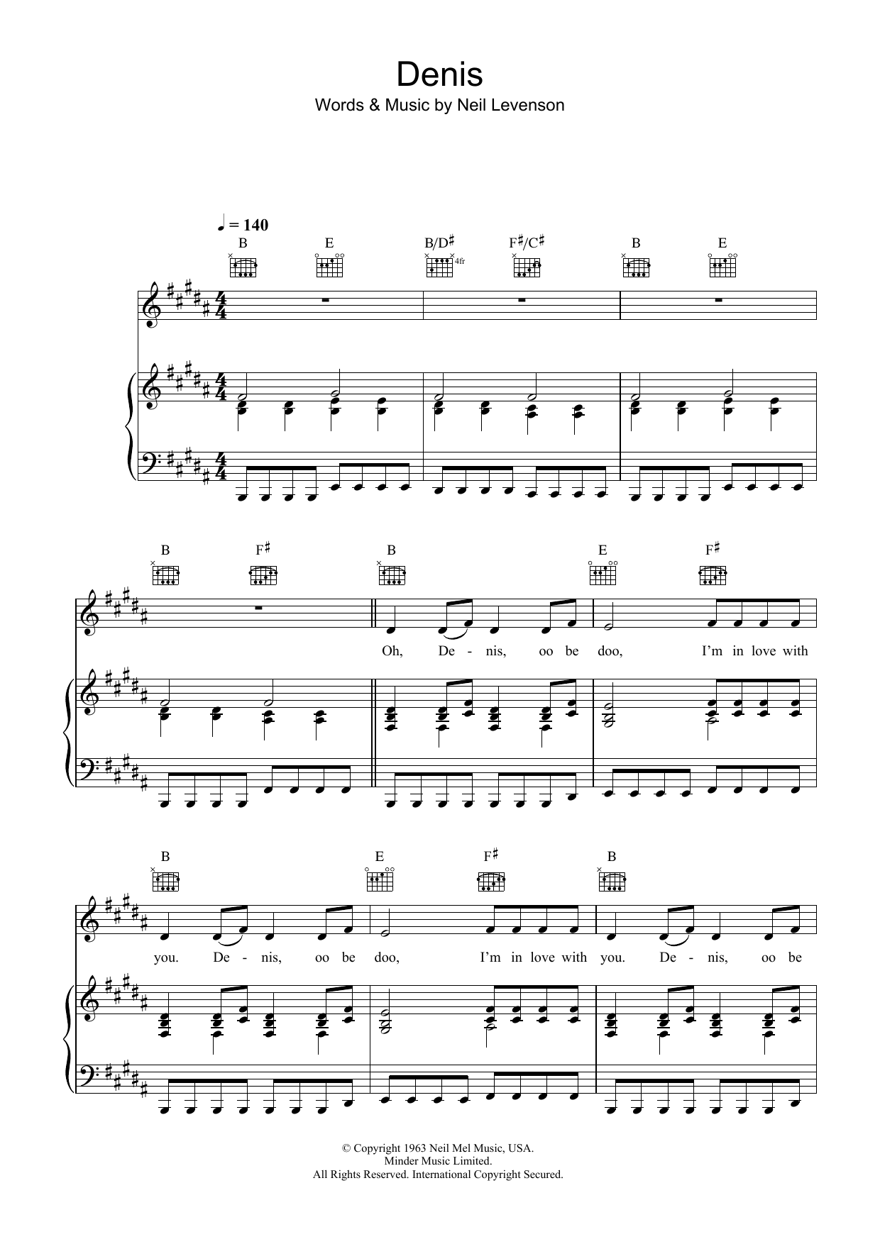 Blondie Denis sheet music notes and chords arranged for Piano, Vocal & Guitar Chords
