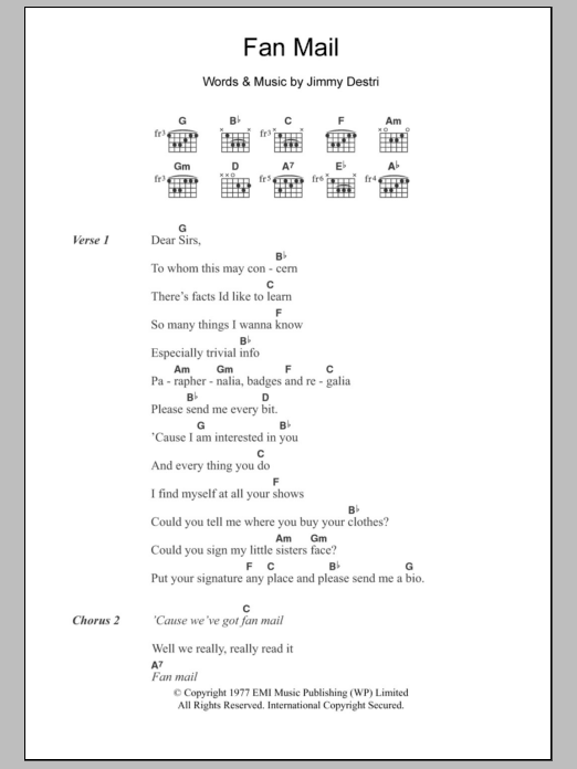 Blondie Fan Mail sheet music notes and chords arranged for Guitar Chords/Lyrics