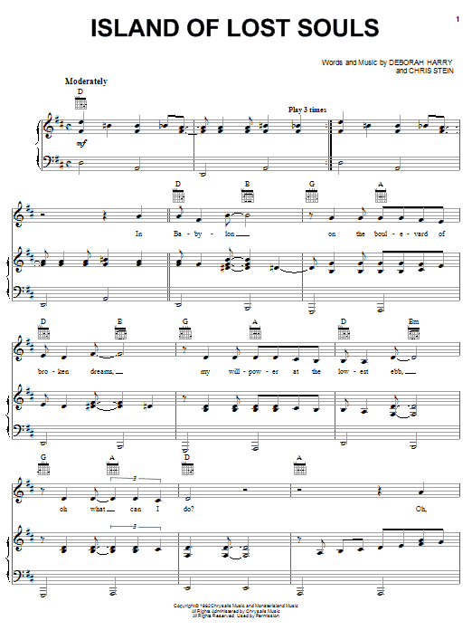 Blondie Island Of Lost Souls sheet music notes and chords arranged for Piano, Vocal & Guitar Chords (Right-Hand Melody)