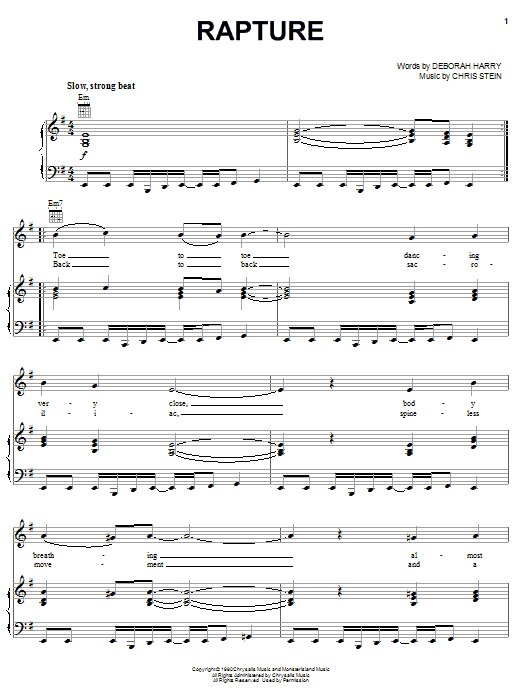Blondie Rapture sheet music notes and chords arranged for Piano, Vocal & Guitar Chords