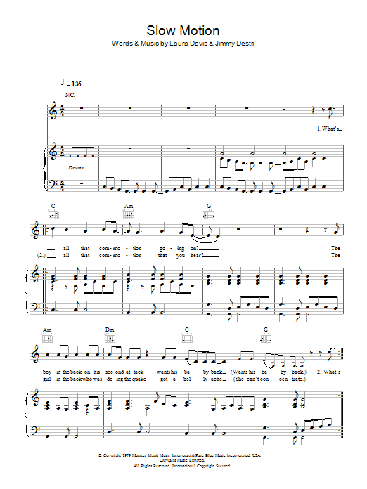 Blondie Slow Motion sheet music notes and chords arranged for Piano, Vocal & Guitar Chords