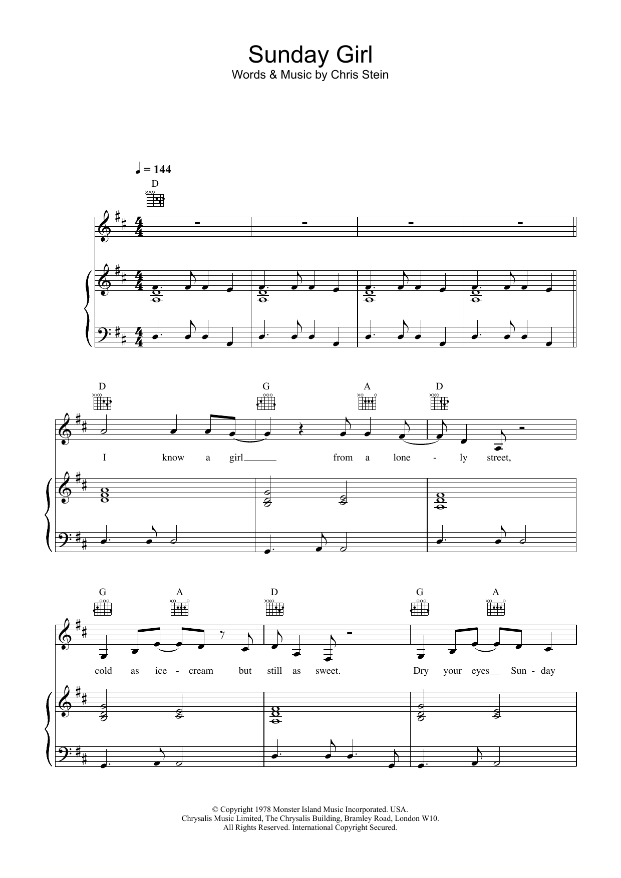 Blondie Sunday Girl sheet music notes and chords arranged for Flute Solo