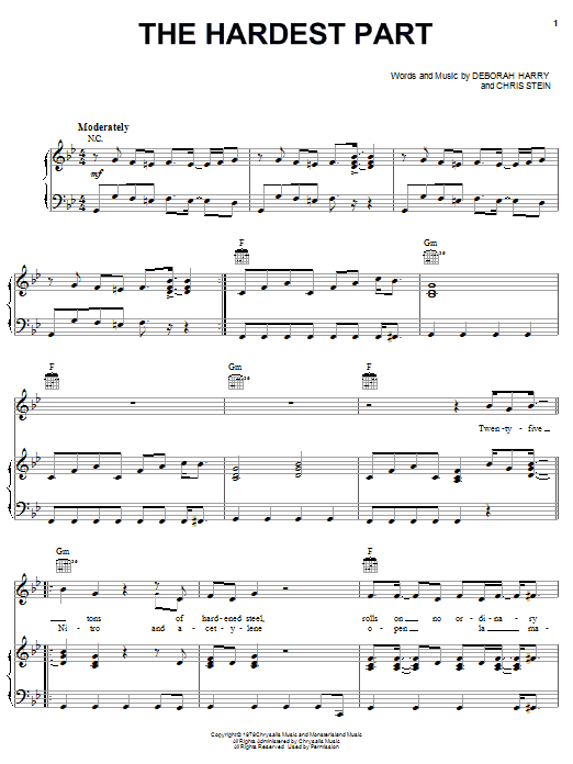 Blondie The Hardest Part sheet music notes and chords arranged for Piano, Vocal & Guitar Chords (Right-Hand Melody)
