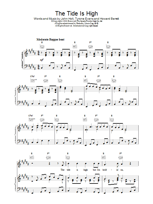 Blondie The Tide Is High sheet music notes and chords arranged for Piano Chords/Lyrics