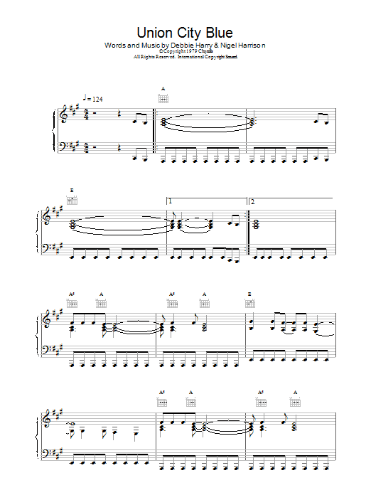 Blondie Union City Blue sheet music notes and chords arranged for Piano, Vocal & Guitar Chords