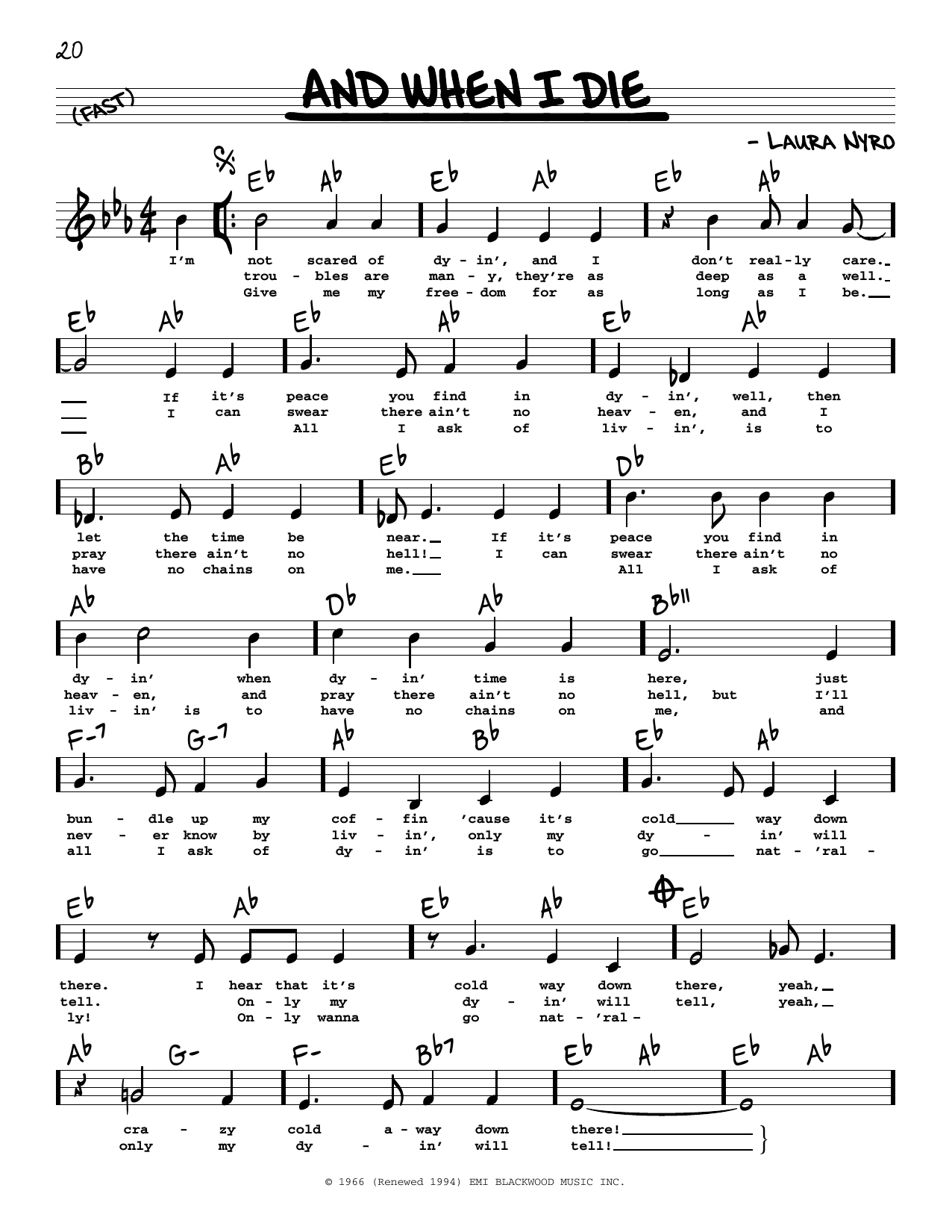 Laura Nyro And When I Die (High Voice) sheet music notes and chords arranged for Real Book – Melody, Lyrics & Chords