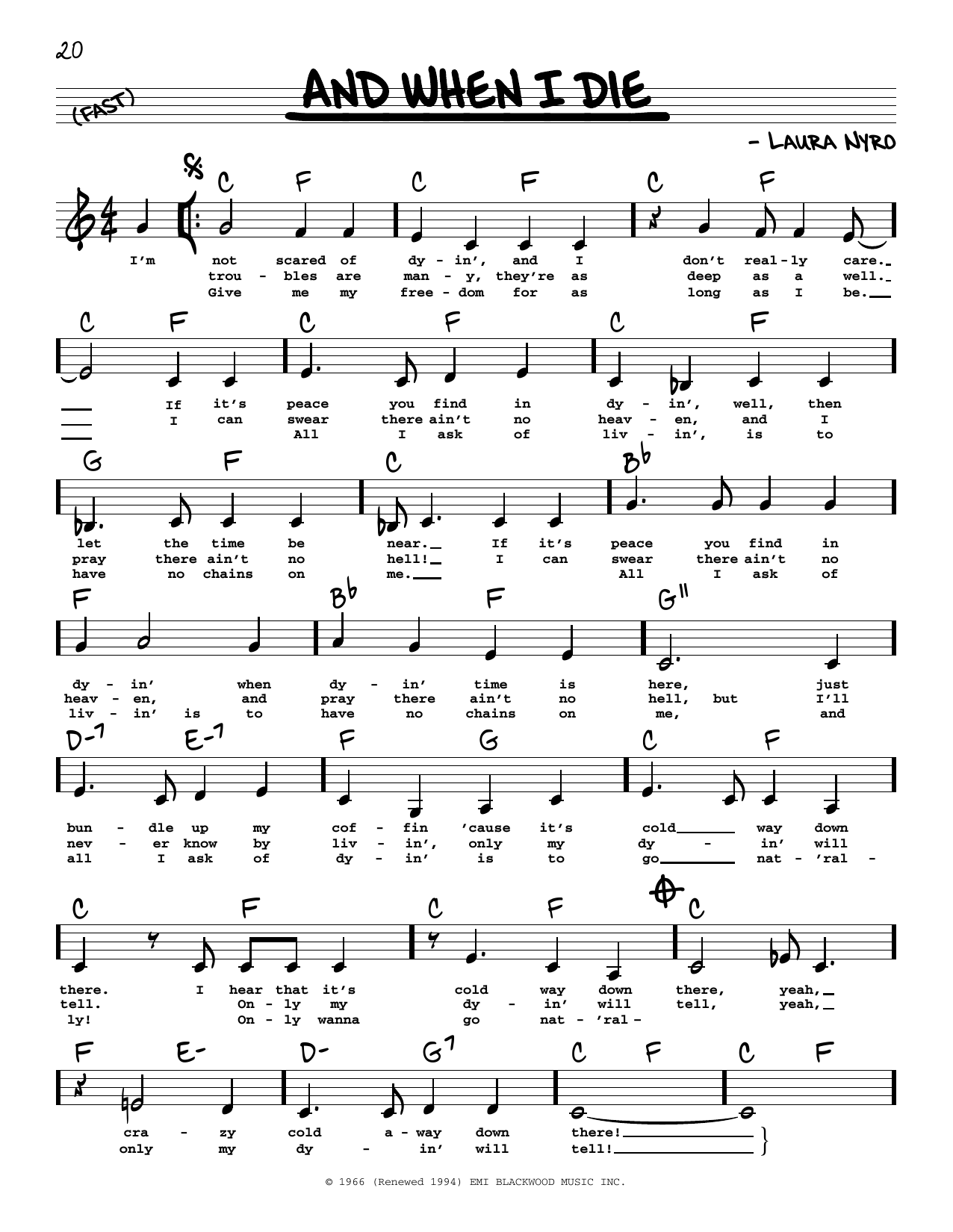 Blood, Sweat & Tears And When I Die (Low Voice) sheet music notes and chords arranged for Real Book – Melody, Lyrics & Chords