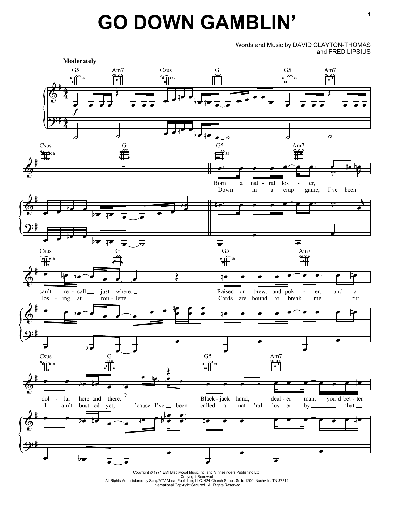 Blood, Sweat & Tears Go Down Gamblin' sheet music notes and chords arranged for Piano, Vocal & Guitar Chords (Right-Hand Melody)