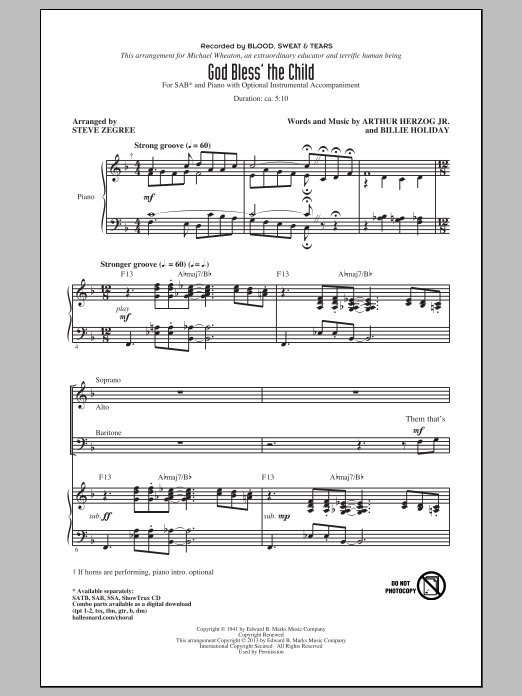Blood, Sweat & Tears God Bless' The Child (arr. Steve Zegree) sheet music notes and chords arranged for SSA Choir