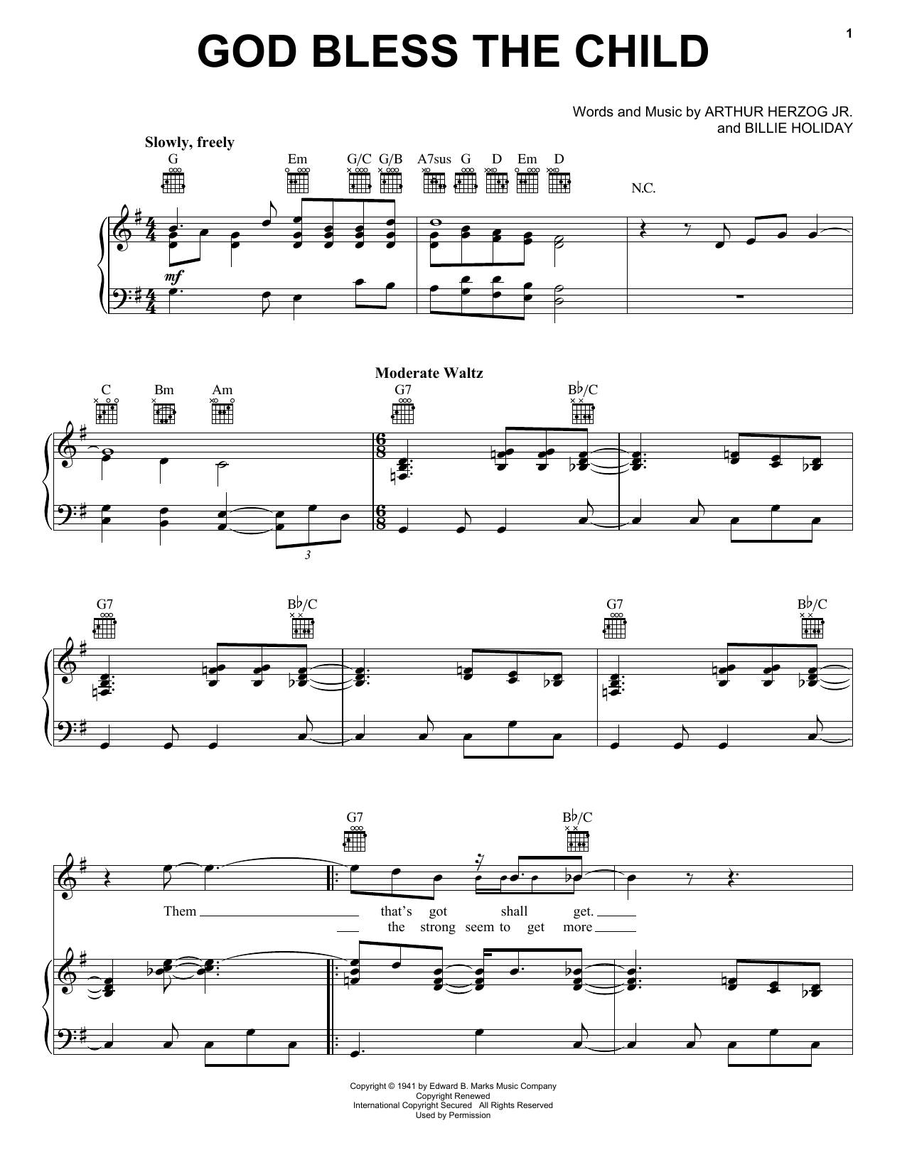 Blood, Sweat & Tears God Bless' The Child sheet music notes and chords arranged for Piano, Vocal & Guitar Chords (Right-Hand Melody)
