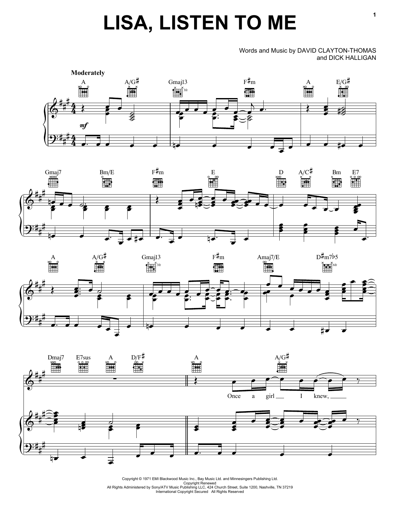 Blood, Sweat & Tears Lisa, Listen To Me sheet music notes and chords arranged for Piano, Vocal & Guitar Chords (Right-Hand Melody)