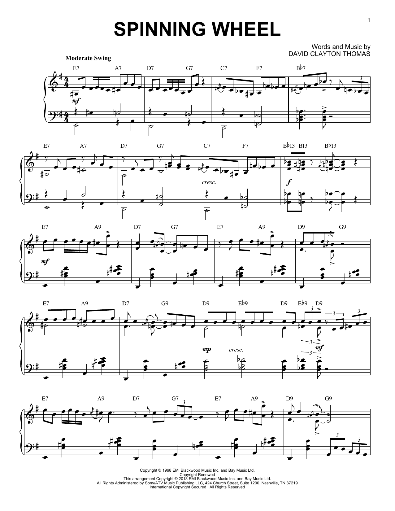 Blood, Sweat & Tears Spinning Wheel [Jazz version] sheet music notes and chords arranged for Piano Solo