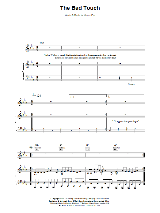 Bloodhound Gang The Bad Touch sheet music notes and chords arranged for Piano, Vocal & Guitar Chords