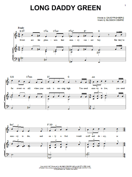 Blossom Dearie Long Daddy Green sheet music notes and chords arranged for Piano, Vocal & Guitar Chords (Right-Hand Melody)