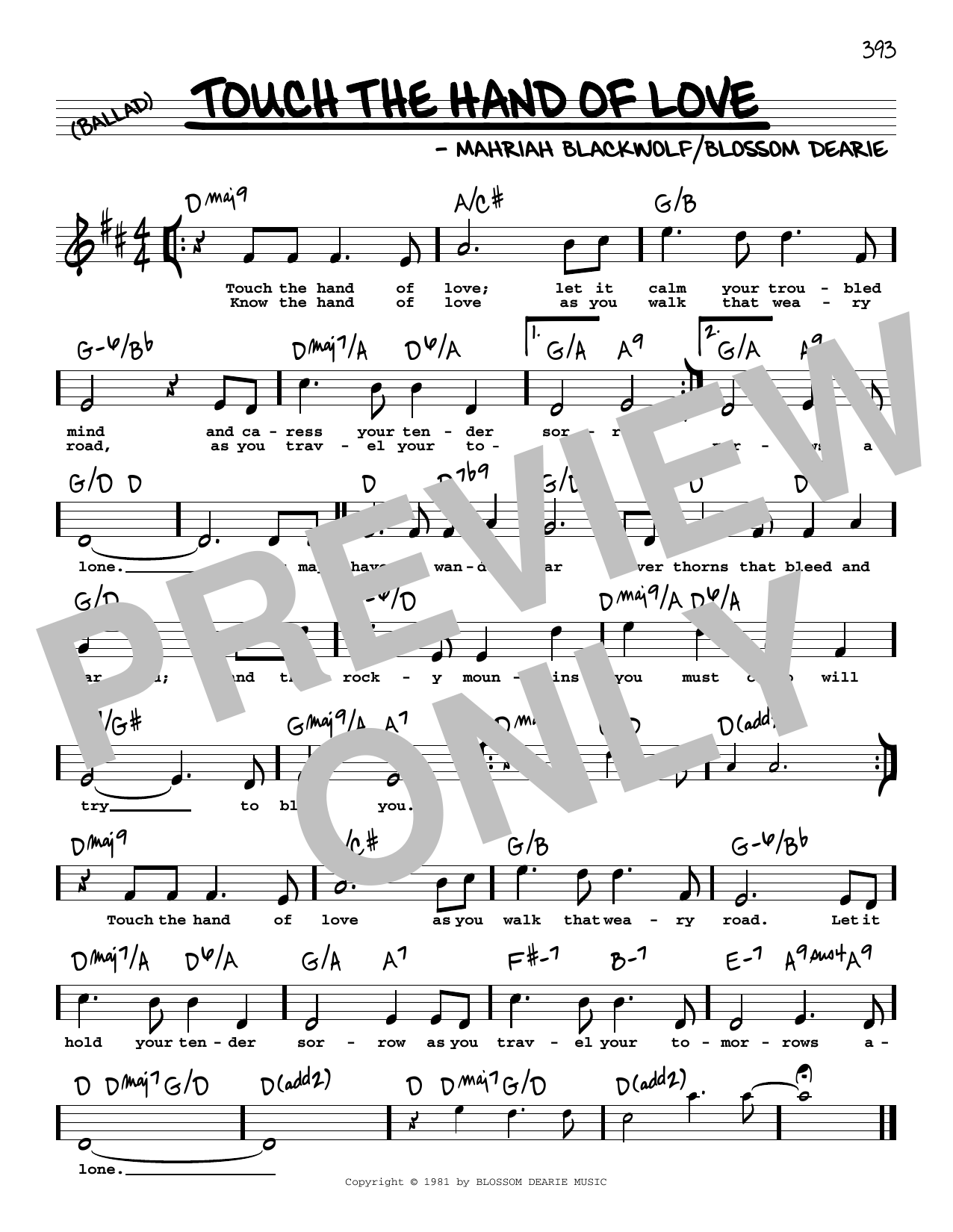 Blossom Dearie Touch The Hand Of Love (High Voice) sheet music notes and chords arranged for Real Book – Melody, Lyrics & Chords