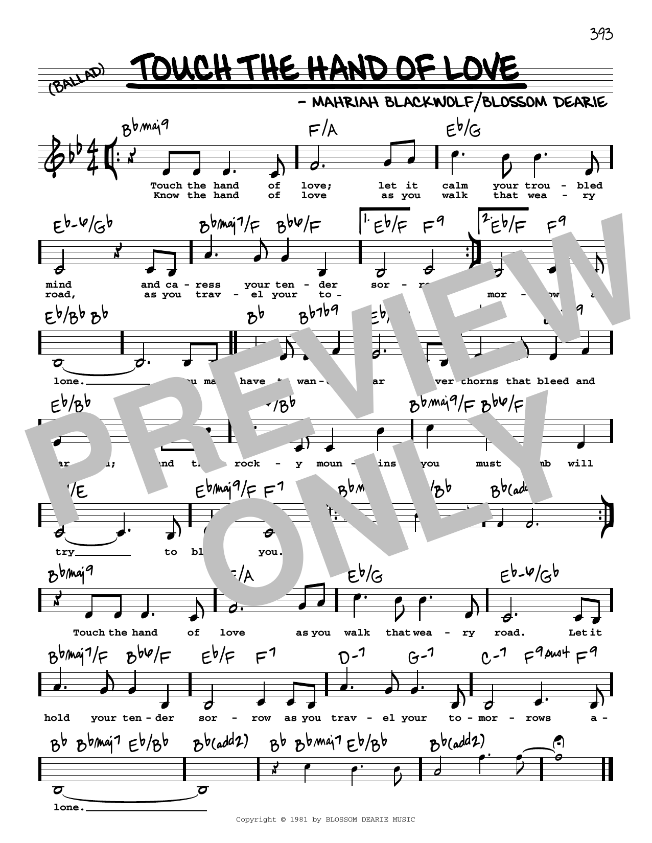 Blossom Dearie Touch The Hand Of Love (Low Voice) sheet music notes and chords arranged for Real Book – Melody, Lyrics & Chords