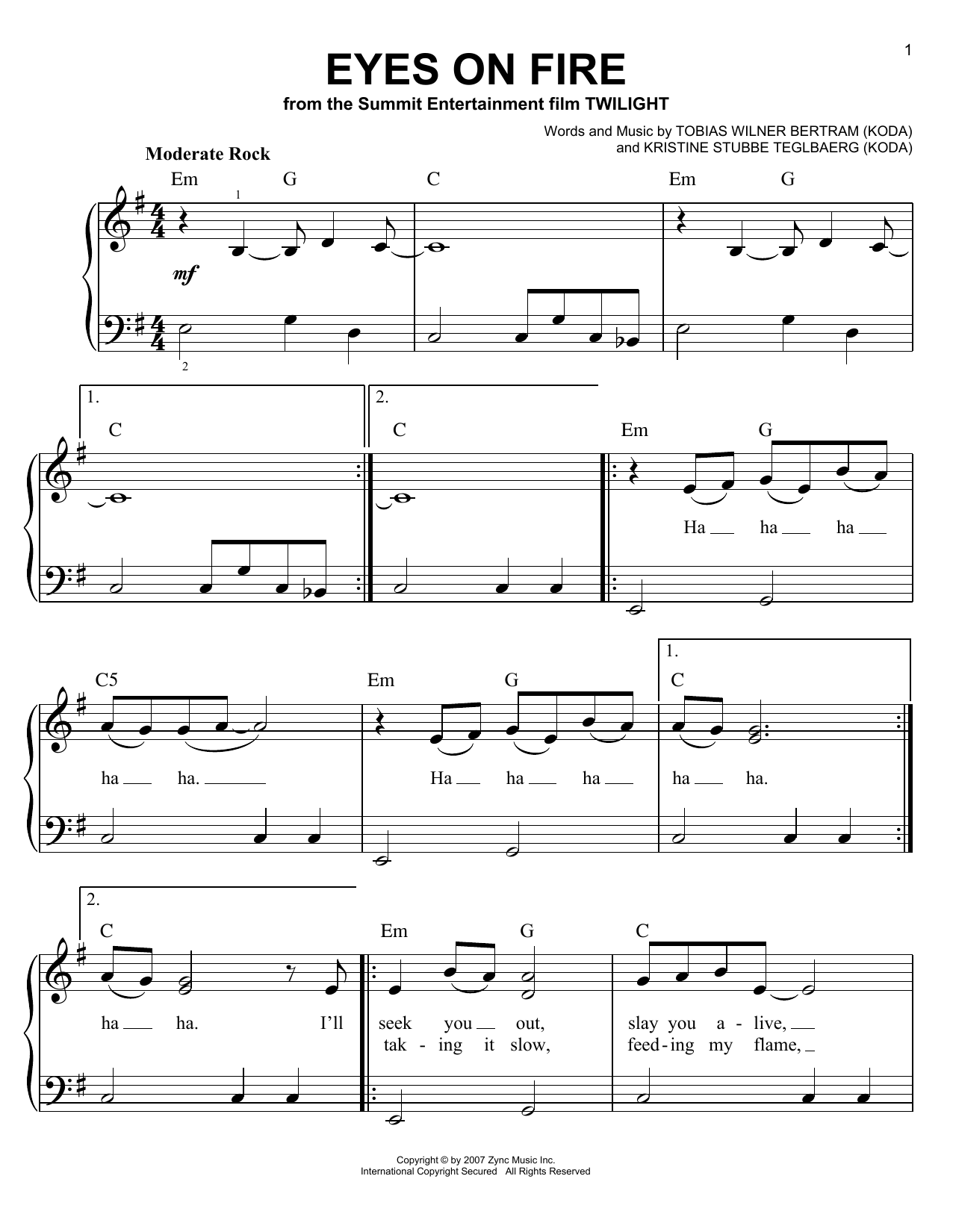 Blue Foundation Eyes On Fire sheet music notes and chords arranged for Easy Piano