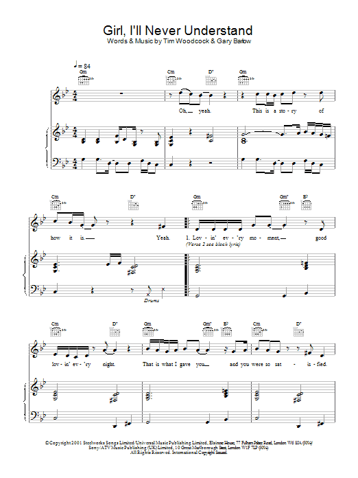 Blue Girl I'll Never Understand sheet music notes and chords arranged for Piano, Vocal & Guitar Chords