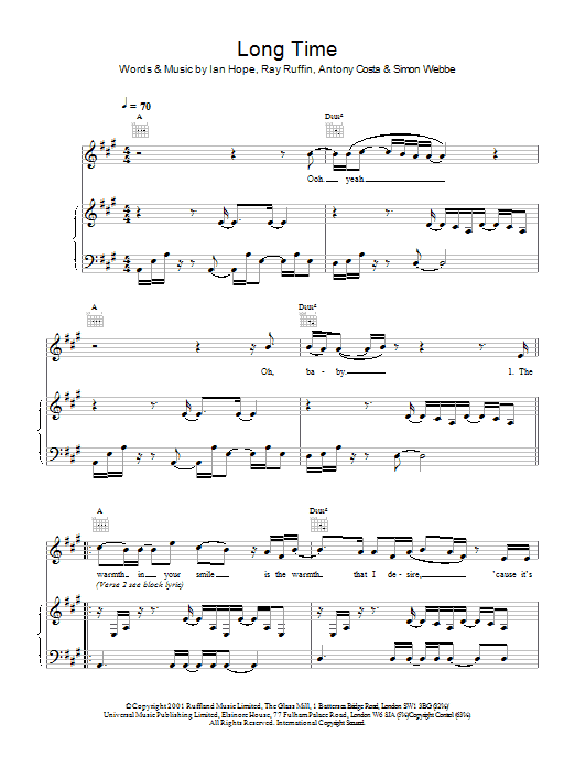 Blue Long Time sheet music notes and chords arranged for Piano, Vocal & Guitar Chords