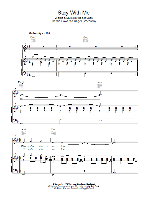 Blue Mink Stay With Me sheet music notes and chords arranged for Piano, Vocal & Guitar Chords