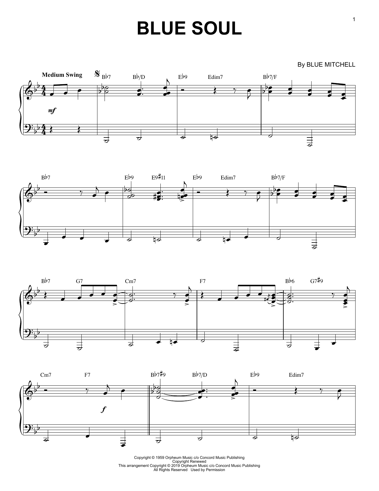 Blue Mitchell Blue Soul [Jazz version] sheet music notes and chords arranged for Piano Solo