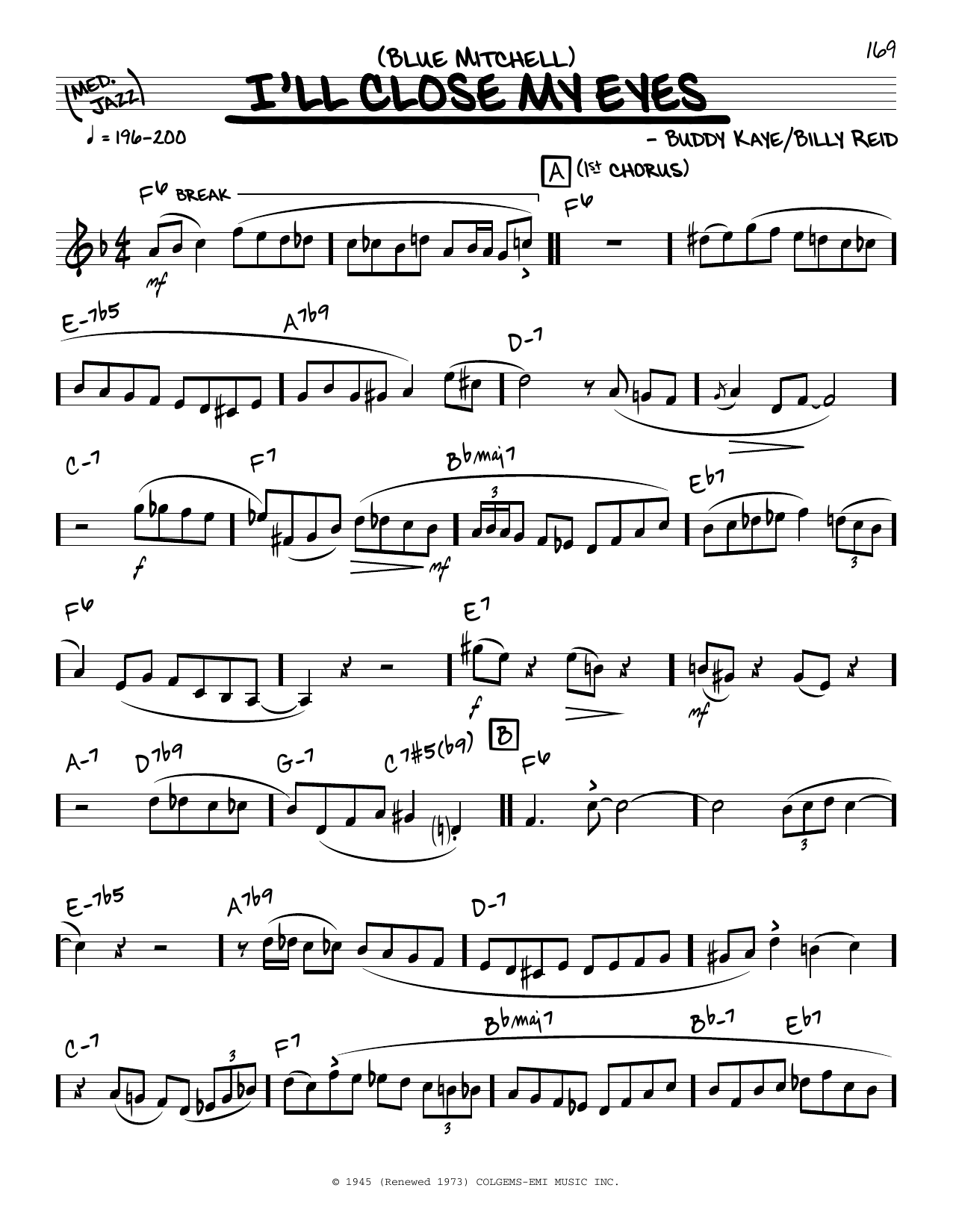 Blue Mitchell I'll Close My Eyes (solo only) sheet music notes and chords arranged for Real Book – Melody & Chords