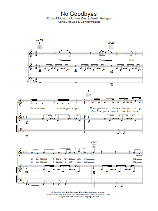 Blue No Goodbyes sheet music notes and chords arranged for Piano, Vocal & Guitar Chords