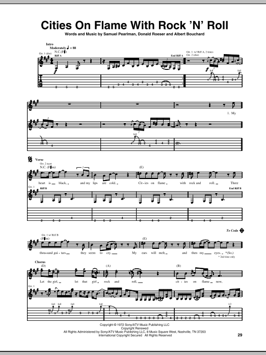 Blue Oyster Cult Cities On Flame With Rock 'N' Roll sheet music notes and chords arranged for Easy Guitar Tab