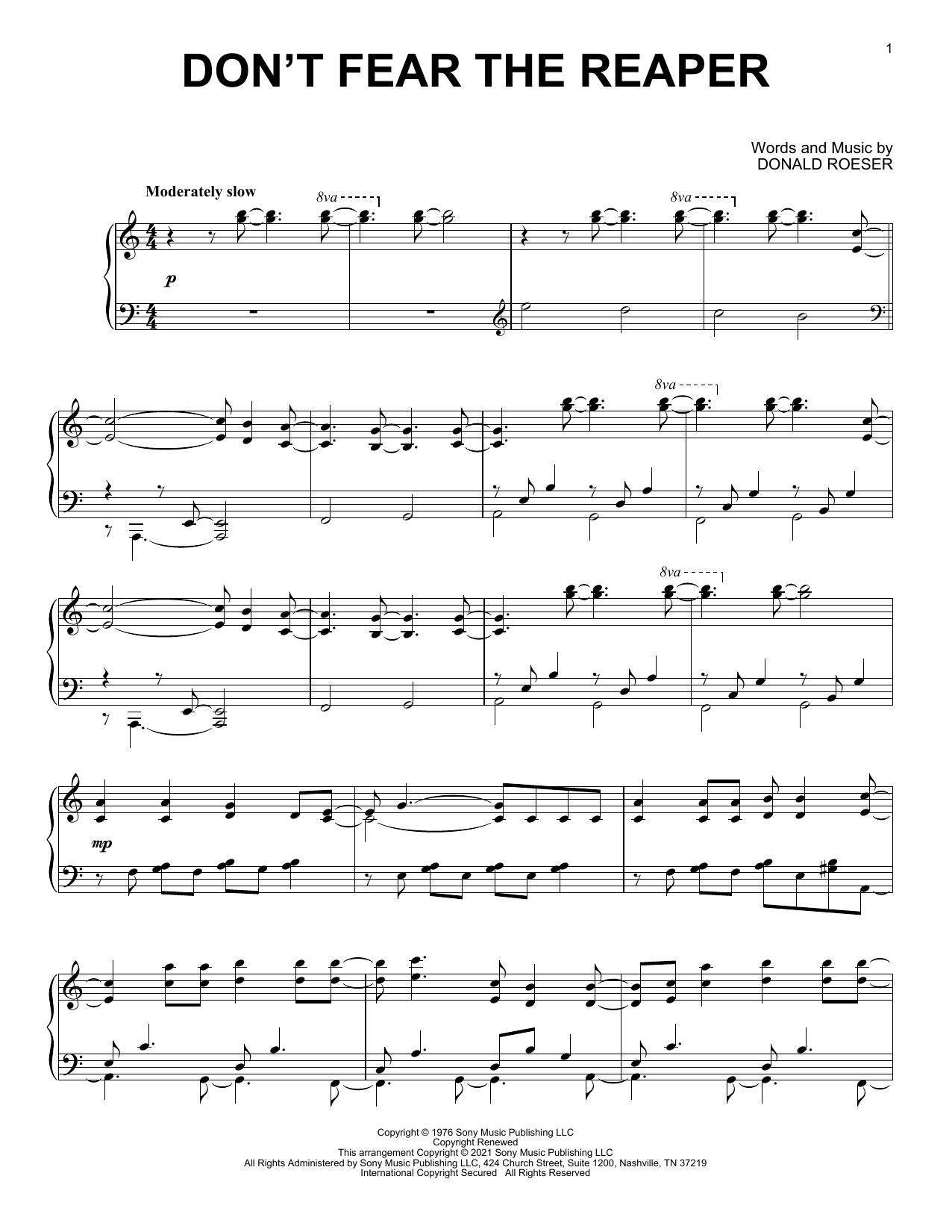 Blue Oyster Cult Don't Fear The Reaper [Classical version] (arr. David Pearl) sheet music notes and chords arranged for Piano Solo