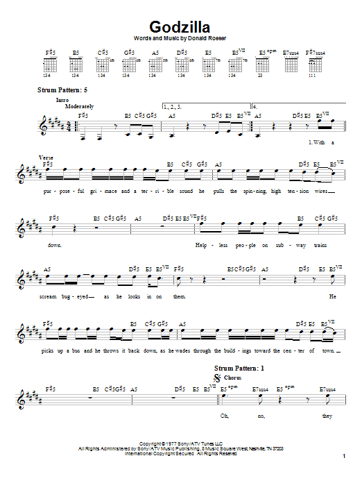 Blue Oyster Cult Godzilla sheet music notes and chords arranged for Guitar Chords/Lyrics
