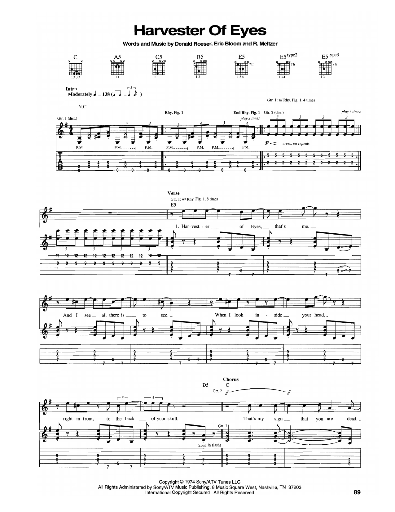 Blue Öyster Cult Harvester Of Eyes sheet music notes and chords arranged for Guitar Tab