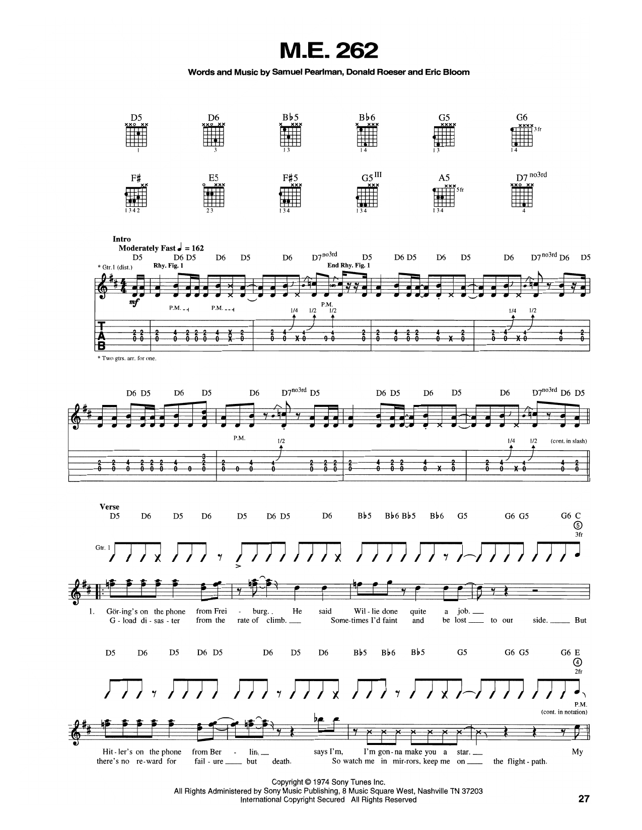 Blue Öyster Cult M.E. 262 sheet music notes and chords arranged for Guitar Tab