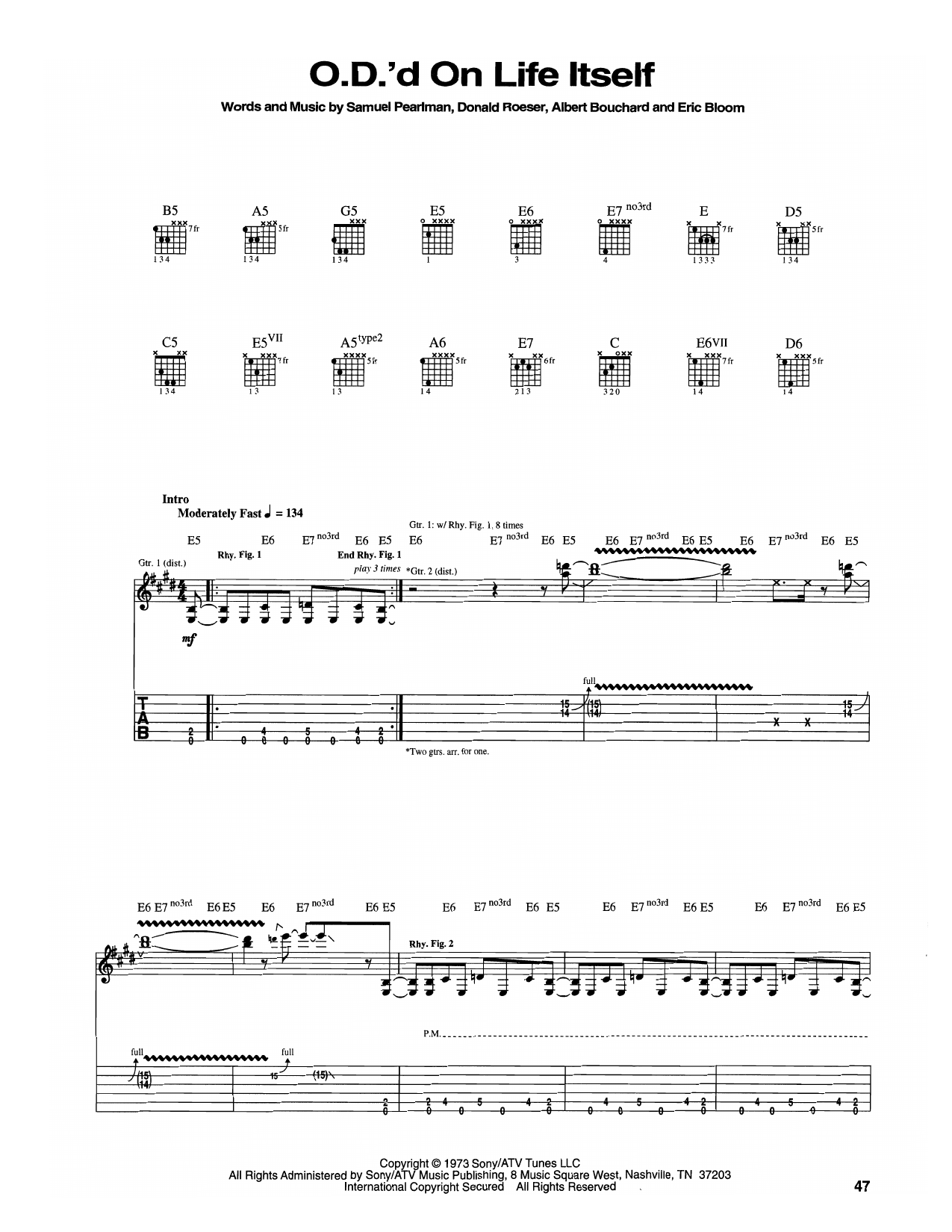 Blue Öyster Cult O.D.'d On Life Itself sheet music notes and chords arranged for Guitar Tab