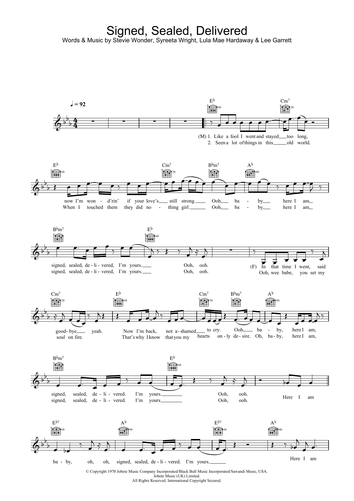 Blue Signed, Sealed, Delivered (featuring Stevie Wonder) sheet music notes and chords arranged for Lead Sheet / Fake Book