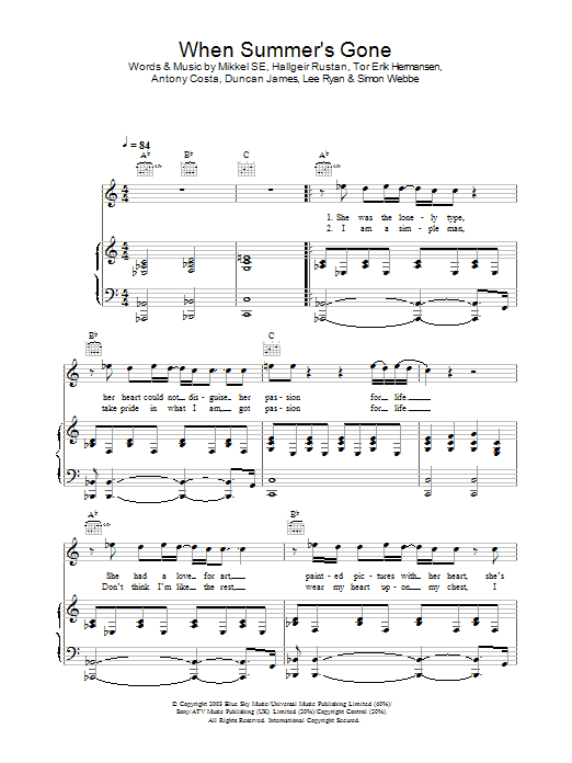 Blue When Summer's Gone sheet music notes and chords arranged for Piano, Vocal & Guitar Chords