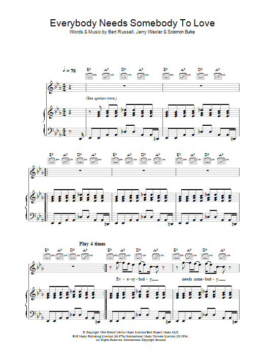 Blues Brothers Everybody Needs Somebody To Love sheet music notes and chords arranged for Piano, Vocal & Guitar Chords