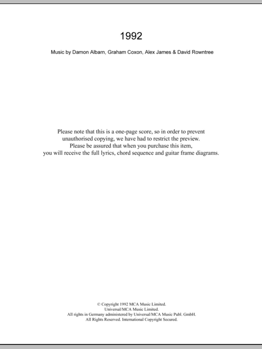 Blur 1992 sheet music notes and chords arranged for Guitar Chords/Lyrics
