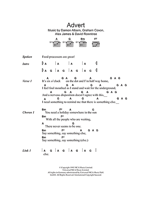 Blur Advert sheet music notes and chords arranged for Guitar Chords/Lyrics