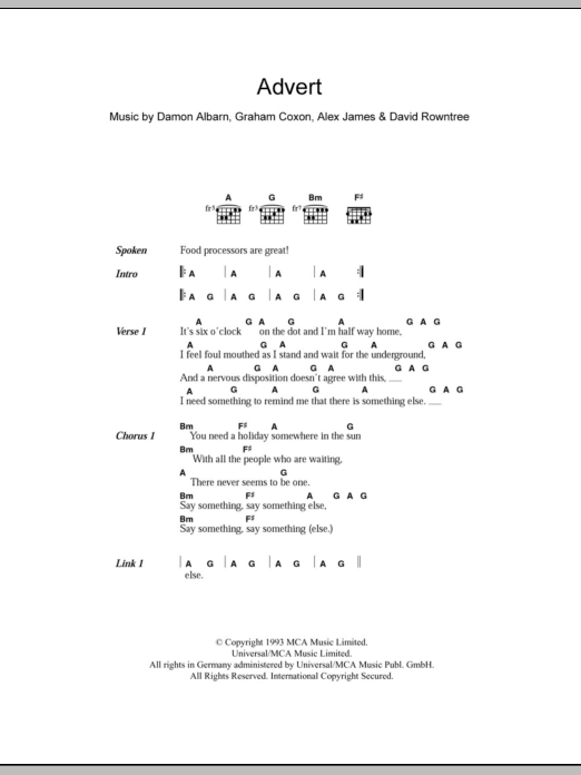 Blur Advert sheet music notes and chords arranged for Guitar Chords/Lyrics