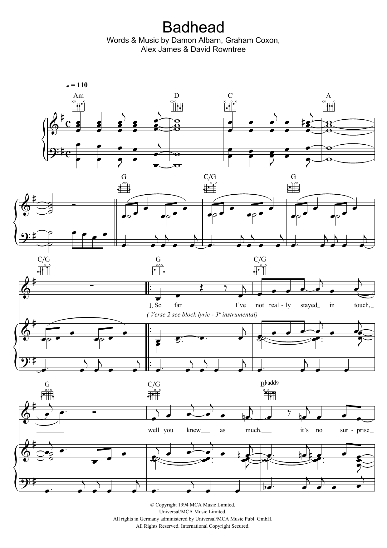 Blur Badhead sheet music notes and chords arranged for Piano, Vocal & Guitar Chords