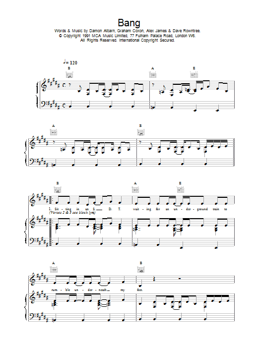 Blur Bang sheet music notes and chords arranged for Piano, Vocal & Guitar Chords