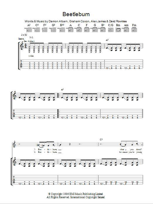 Blur Beetlebum sheet music notes and chords arranged for Guitar Chords/Lyrics