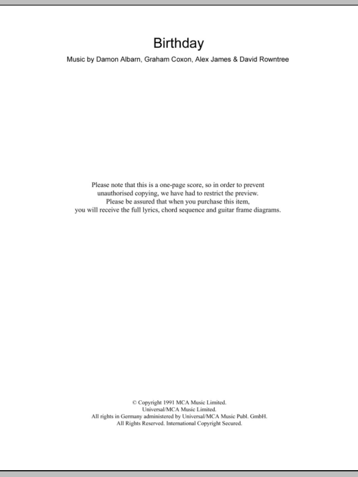 Blur Birthday sheet music notes and chords arranged for Guitar Chords/Lyrics