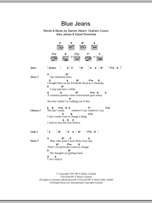 Blur Blue Jeans sheet music notes and chords arranged for Guitar Chords/Lyrics